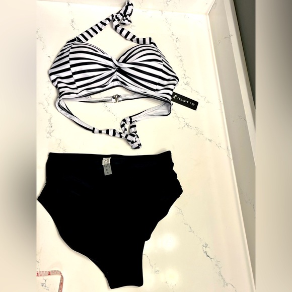 Tempt Me 2 Piece Vintage Swimsuit Retro Halter Ruched High Waist Bikini & Bottom - Picture 3 of 7